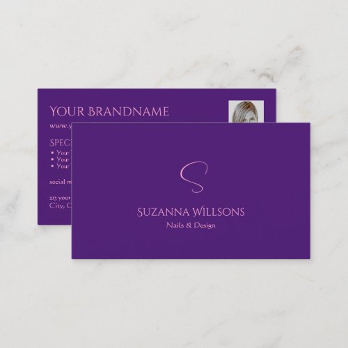 Classic Plain Royal Purple with Monogram and Photo Business Card