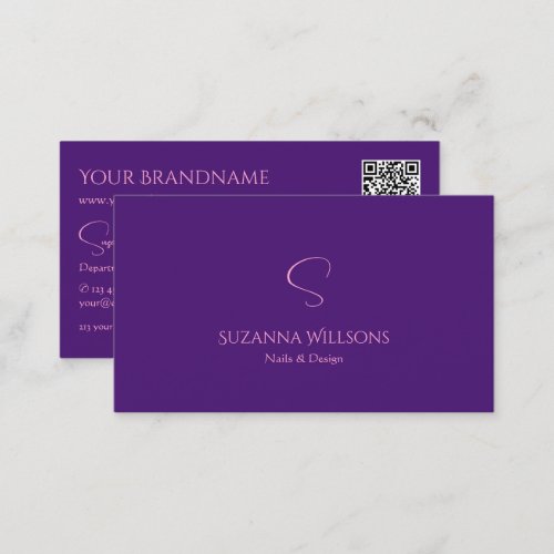 Classic Plain Royal Purple with Monogram QR_Code Business Card