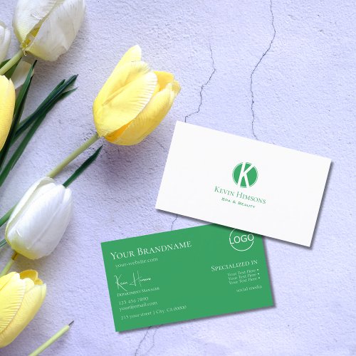 Classic Plain White Green with Monogram and Logo Business Card