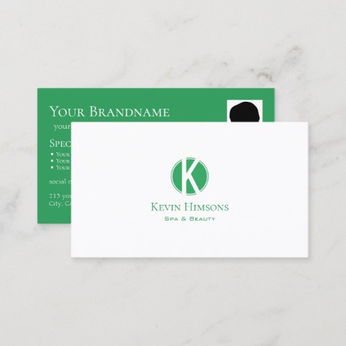 Classic Plain White Green with Monogram and Photo Business Card