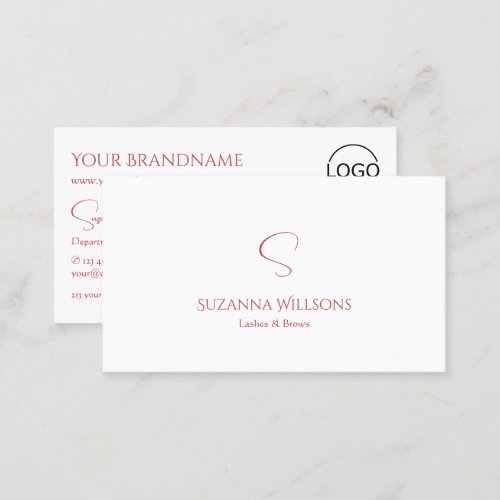 Classic Plain White Red with Monogram and Logo Business Card