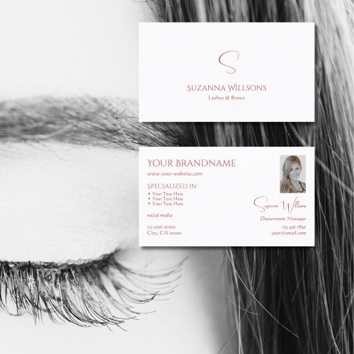 Classic Plain White Red with Monogram and Photo Business Card