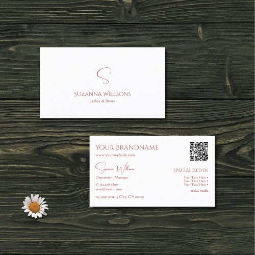 Classic Plain White Red with Monogram and QR Code Business Card