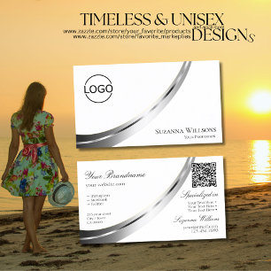 Classic Plain White Silver Decor Logo and QR Code Business Card