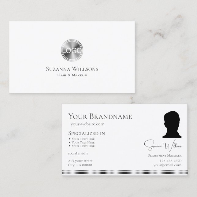 Classic Plain White Silver with Logo and Photo Business Card (Front/Back)