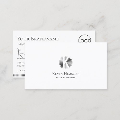Classic Plain White Silver with Monogram and Logo Business Card