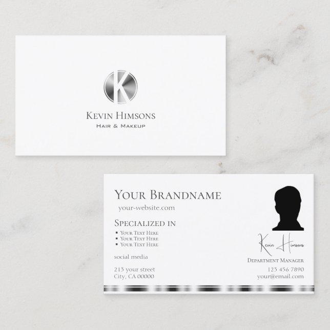 Classic Plain White Silver with Monogram and Photo Business Card (Front/Back)