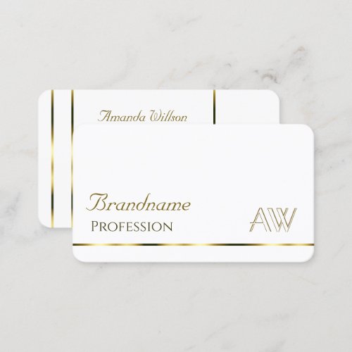 Classic Plain White with Gold Stripes and Monogram Business Card