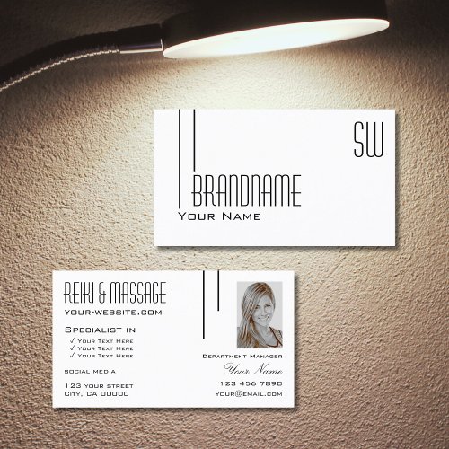 Classic Plain White with Monogram and Photo Modern Business Card
