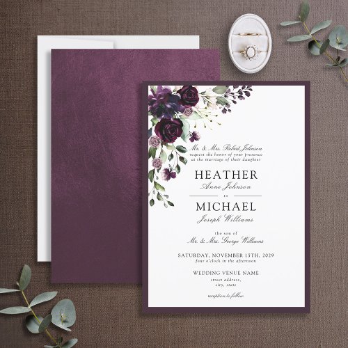 Classic Plum Purple Floral Watercolor Script Invitation