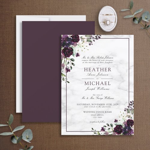 Classic Plum Purple Flower Watercolor Wedding Invitation