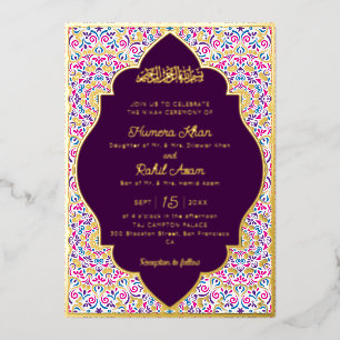 Classic Plum Purple Gold Accents Muslim Wedding Foil Invitation