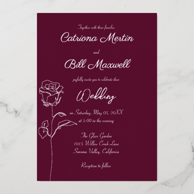 Classic Plum Purple Silver Foil Wedding Invitation (Front)