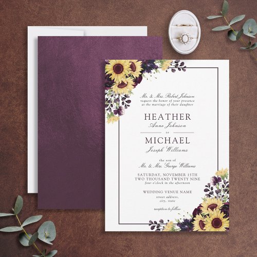 Classic Plum Purple Sunflower Watercolor Wedding Invitation