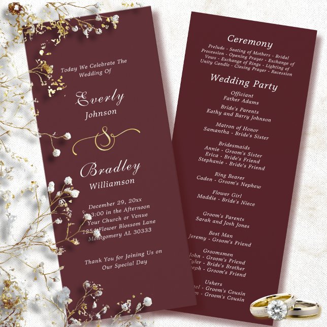 Classic Plum Red White Script Fall Winter Wedding  Program (Creator Uploaded)