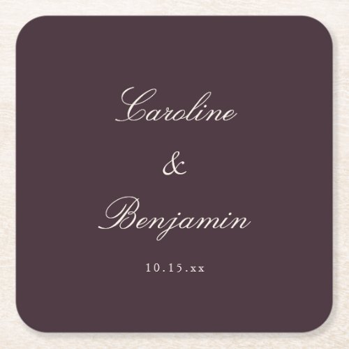 Classic Plum Script Elegant Wedding Custom Name Square Paper Coaster