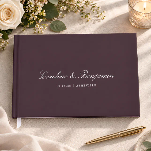 Classic Plum Script Elegant Wedding Custom Names Guest Book | Zazzle