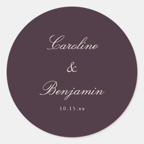 Classic Plum Script Elegant Wedding Custom Round Sticker