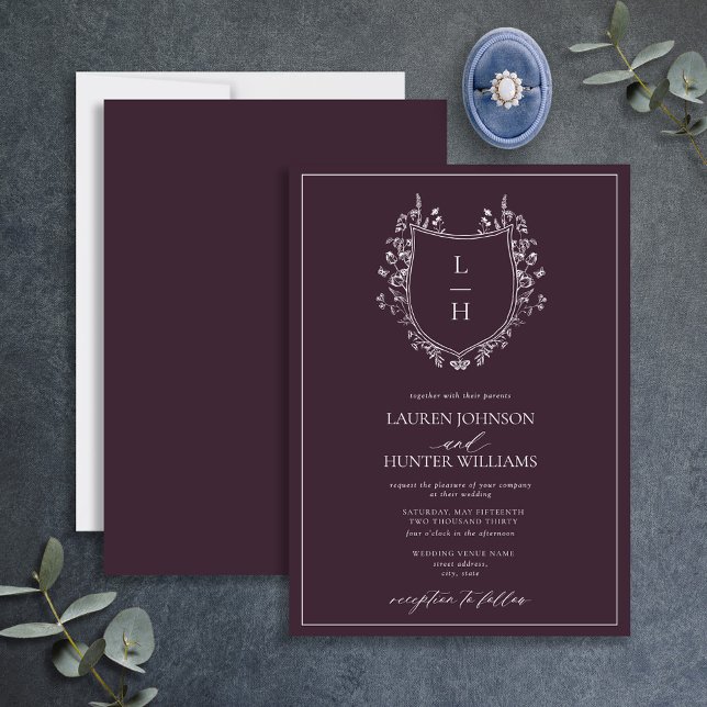 Classic Plum Wildflower Monogram Crest Wedding Invitation (Creator Uploaded)