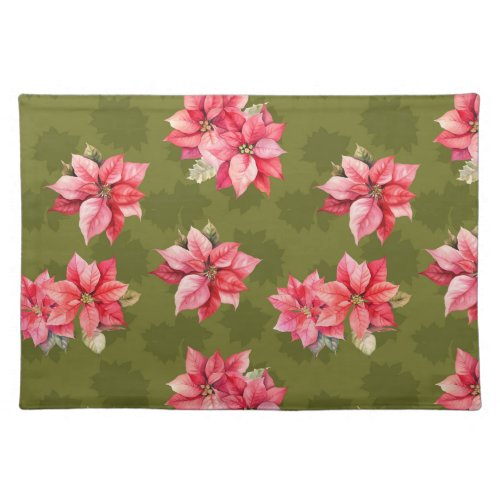 Classic Poinsettia Christmas Flowers Green Cloth Placemat