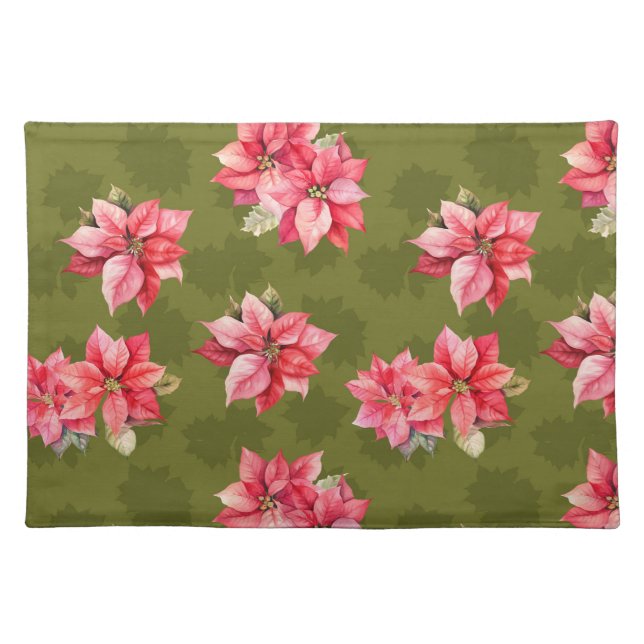 Classic Poinsettia Christmas Flowers Green Cloth Placemat (Front)