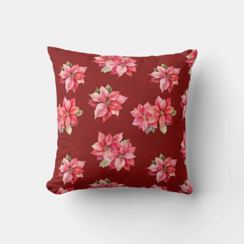 Classic Poinsettia Christmas Flowers Red Throw Pillow