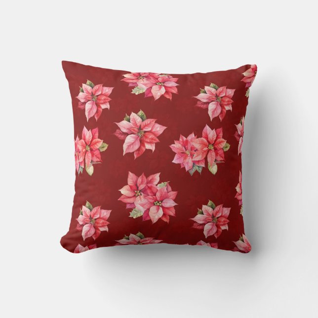 Classic Poinsettia Christmas Flowers Red Throw Pillow (Front)