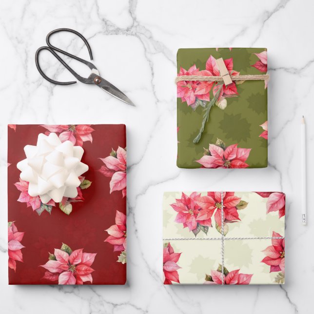 Classic Poinsettia Christmas Flowers Wrapping Paper Sheets (Front)