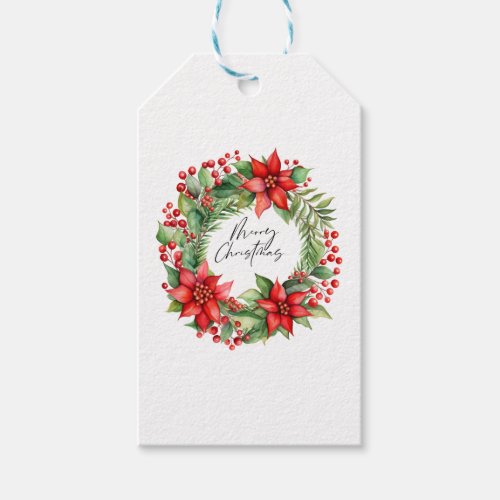 Classic Poinsettia Christmas wreath with berries Gift Tags