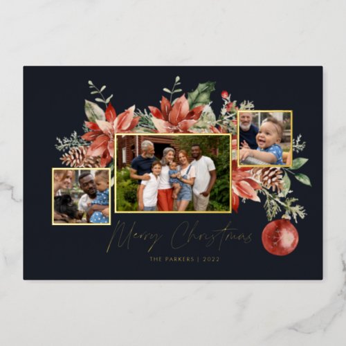 Classic Poinsettia  Greenery  Christmas Photo  Foil Holiday Card