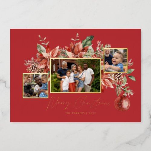 Classic Poinsettia  Greenery  Christmas Photo   Foil Holiday Card