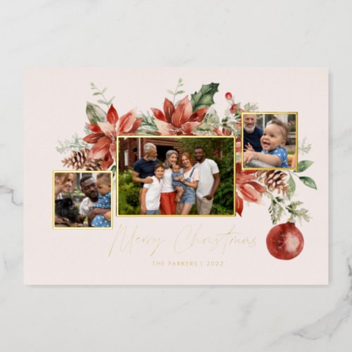 Classic Poinsettia  Greenery  Christmas Photo   Foil Holiday Card