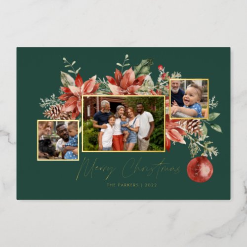 Classic Poinsettia  Greenery  Christmas Photo  Foil Holiday Card