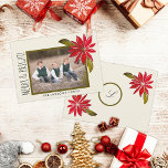 Classic Poinsettia Simple Family Photo Christmas Holiday Card<br><div class="desc">The beautiful,  simple,  design on this flat holiday card features my hand painted classic red Christmas poinsettia and an olive green frame for your family photo on an oatmeal colored off white background and the message of your choice in a trendy,  modern font.</div>