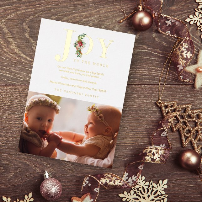 Classic Poinsettias Garland Joy To The World Photo Foil Invitation (Creator Uploaded)