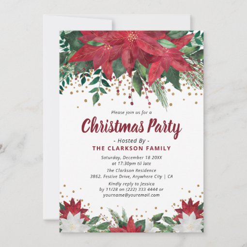 Classic Poinsietta Floral & Gold Christmas Party Invitation 