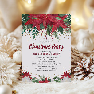 Classic Poinsietta Floral & Gold Christmas Party Invitation