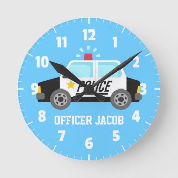 Classic  Police Car With Siren For Boys Room Round Clock by RustyDoodle at Zazzle