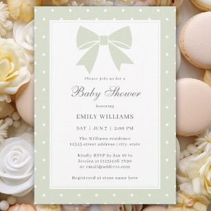 Classic Polka Dot Light Sage Green Bow Baby Shower Invitation
