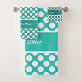 Classic Polka Dot Turquoise & White Custom Name Bath Towel Set
