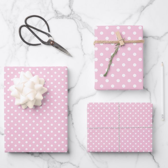 Classic Polka Dot White - Light Pink Wrapping Paper Sheets (Front)