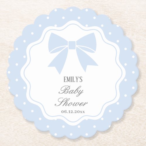 Classic Polka Dots Baby Blue Bow Boy Baby Shower Paper Coaster