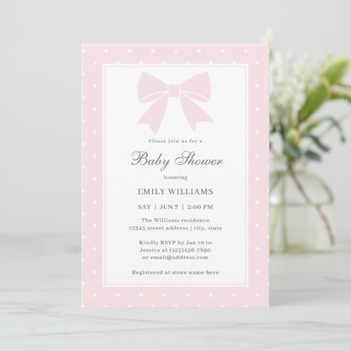 Classic Polka Dots Baby Pink Bow Girl Baby Shower Invitation