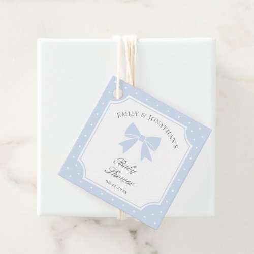 Classic Polka Dots Dusty Blue Bow Boy Baby Shower Favor Tags