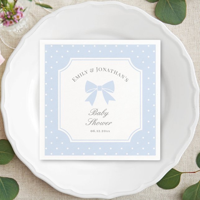 Classic Polka Dots Dusty Blue Bow Boy Baby Shower Napkins (Creator Uploaded)