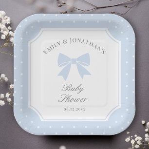Classic Polka Dots Dusty Blue Bow Boy Baby Shower Paper Plates