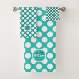 Classic Polka Dots Turquoise & White Initial Name Bath Towel Set