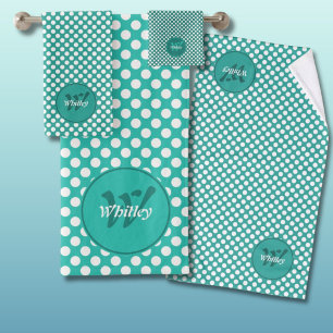 Classic Polka Dots Turquoise & White Monogram Name Bath Towel Set