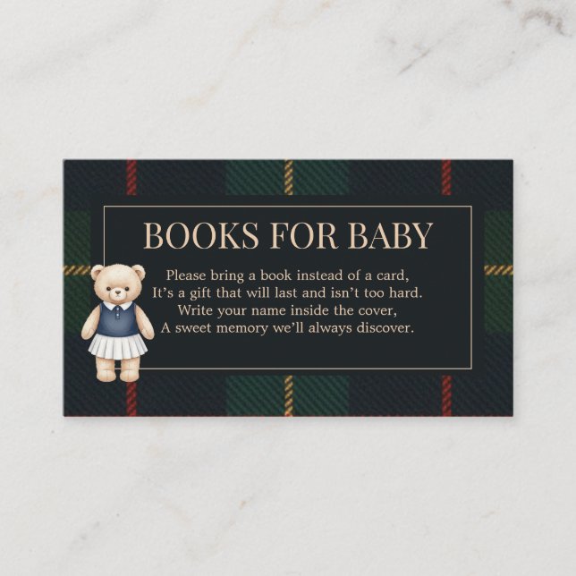 Classic Polo Teddy Bear Preppy Plaid Baby Shower Enclosure Card (Front)