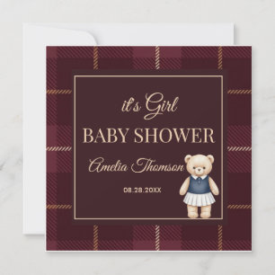 Classic Polo Teddy Bear Preppy Plaid Baby Shower Invitation